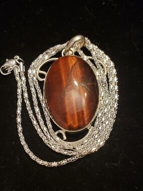 NEW Tiger's Eye Oval (Red) Pendant Set In Silver, Silver Chain-2" Stone W/Silver